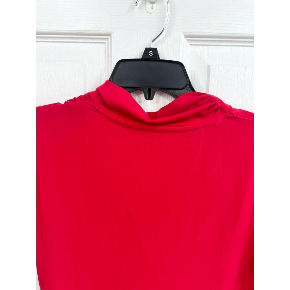T TAHARI Blouse Size M Red Draped V Neck Short Sleeve Jersey Knit Faux Wrap Top - Picture 7 of 10